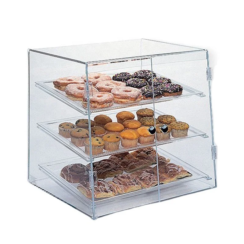 

Customized product、OEM transparency acrylic food counter bread donut display rack bakery display cabinet