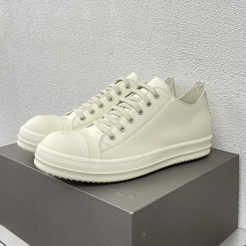 

High Street Men's Casual Shoes White Solid Leather Shoes for Man Lace-up Men's Sneaker Rubber Fashion Male Sneakers