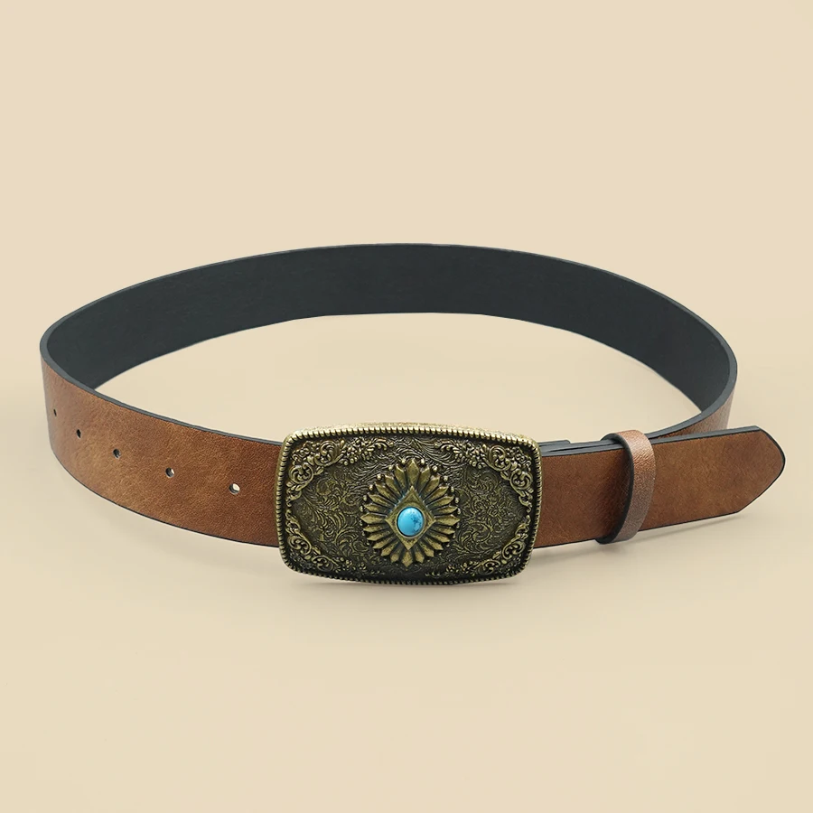 Elegant Vintage Royal Style Women's Belt with Floral Design and Blue Turquoise Inlaid Alloy Buckle - Ideal for Daily Commute and