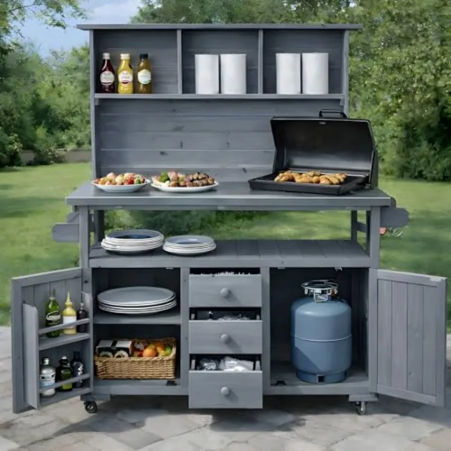 Outdoor Potting Storage Bench with Lockable Wheels and Stainless Steel top, Wood Workstation with Storage Drawers, Door Shelves