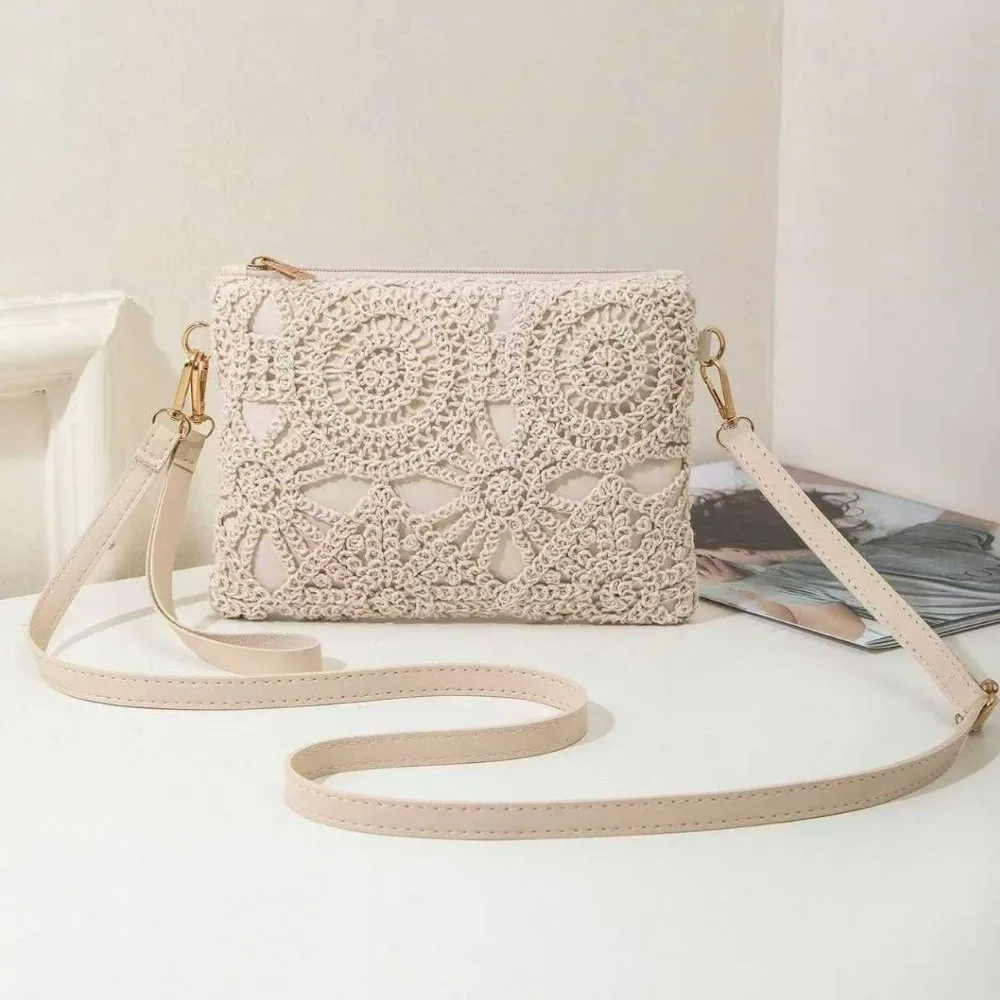 

New Bohemian Style Hollow Woven Bag Zipper Clousure PU Leather Crossbody Bag Rectangular Shoulder Bag Vacation Outfits