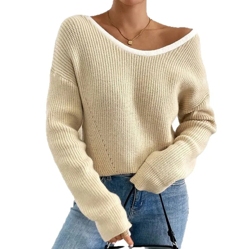 

European and American Autumn Winter New Sweater Women Fashion Back Bow Decoration Round Neck Pullover Knitted Sweater