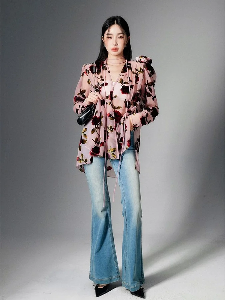 

Loose Feel Printed V-Ne Women's irt Tie-Detail See-Tough French Sle Straight Cut Long Sve Polyester Fiber Blouse