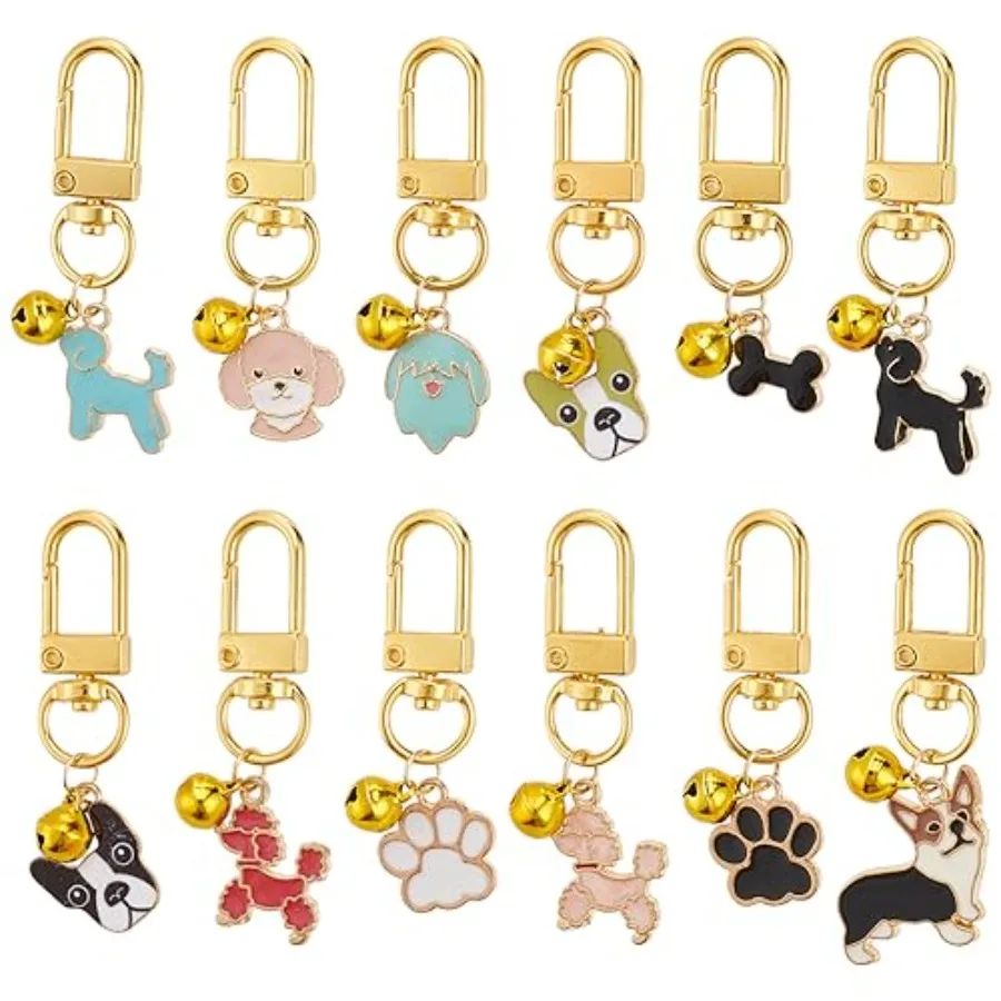 12pcs Pets Collar Pendants for Cat Dog Paw Bone Emel Pet Small Bells with Swivel Clasps Colorful Clipon Charms for Cat Dog DIY