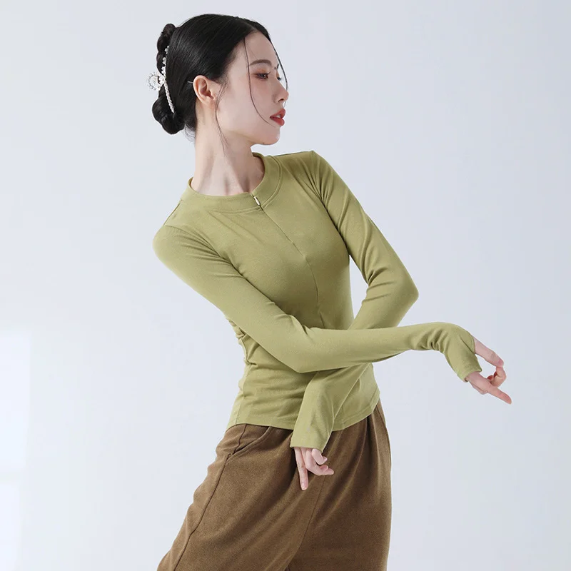 

Женская рубашка для современного танца, топ с длинными рукавами, молния спереди, тренировочная одежда для танцоров, мягкая вискоза, тело, рифма, классическая йога