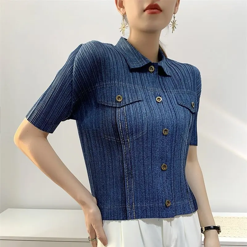 ALSEY Miyake Pleated Denim Suit Autumn New Short Sleeves Coat + High Waist Casual Pants Fashion Two-Piece Suit Female Clothings