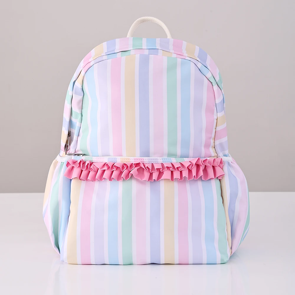 Rainbow Striped Backpack Light Colored Schoolbag With Adjustable Shoulder Straps And Pink Pleated Lace Design Fashion