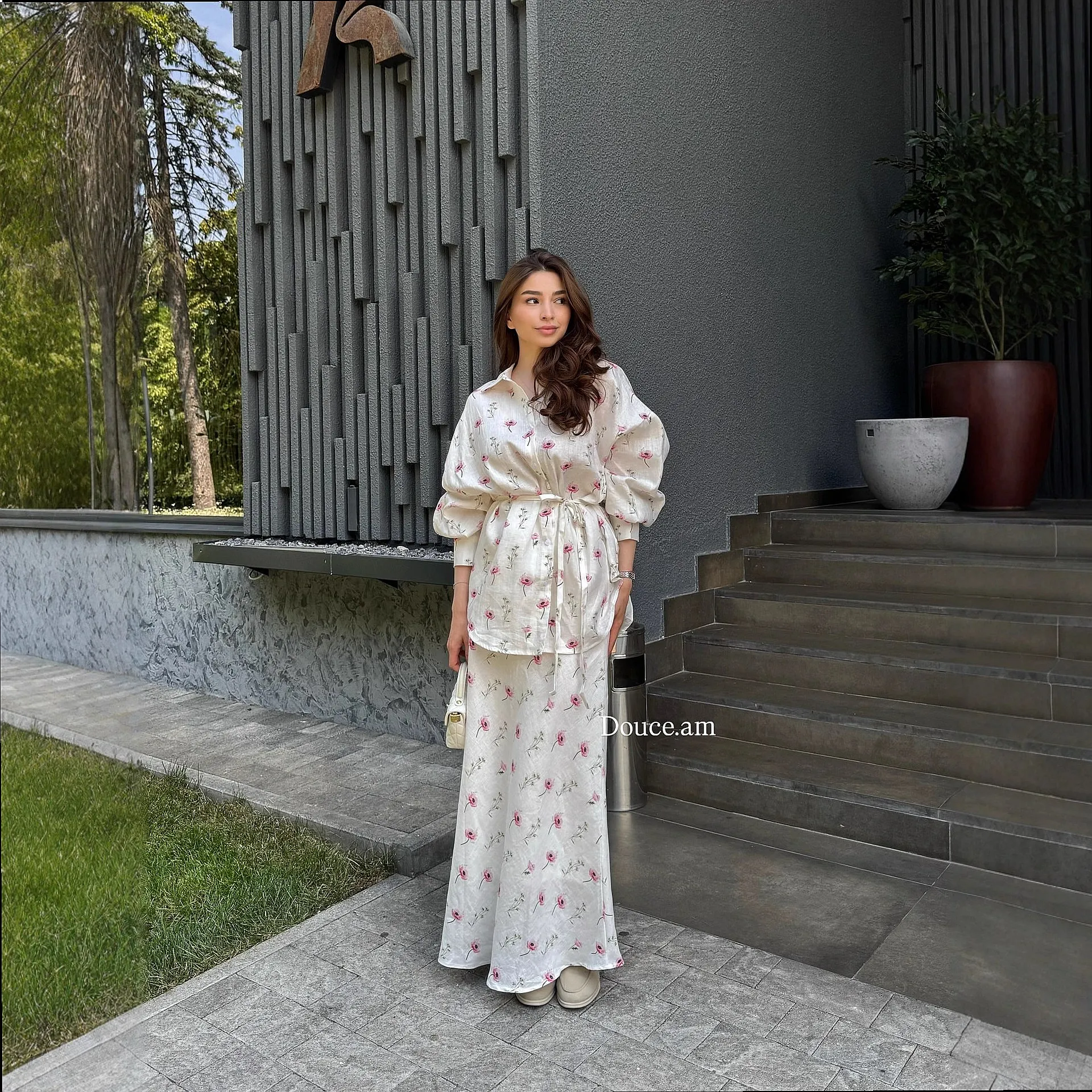 Cardigan Blouse Top Matching Set with Floral Print Tie Front Maxi Dress