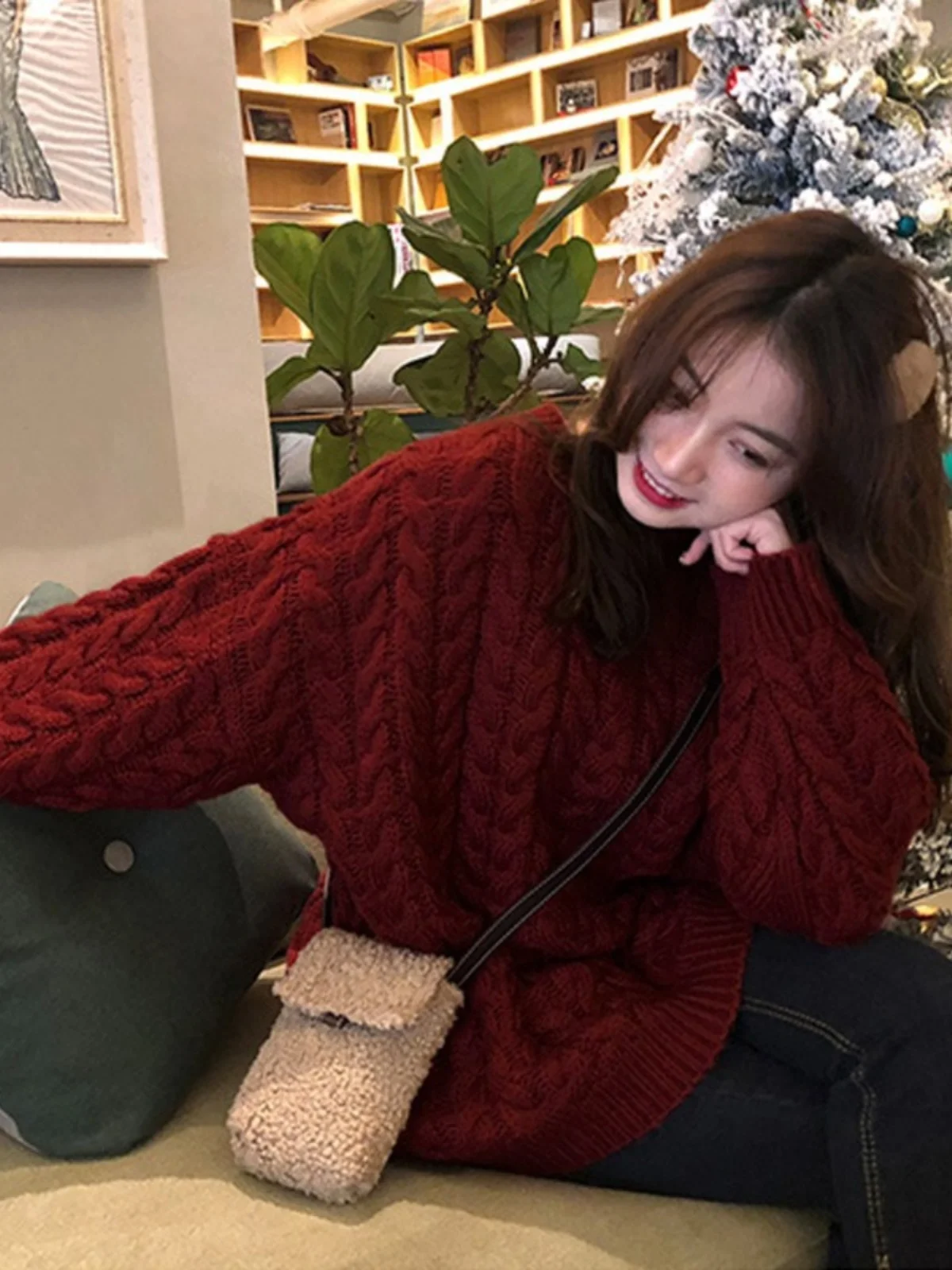 

Ele Red Knitted Sweater Women's Inner Wear Spring Autumn Lazy Sle Long Sve round Ne Loose Fit Single Piece