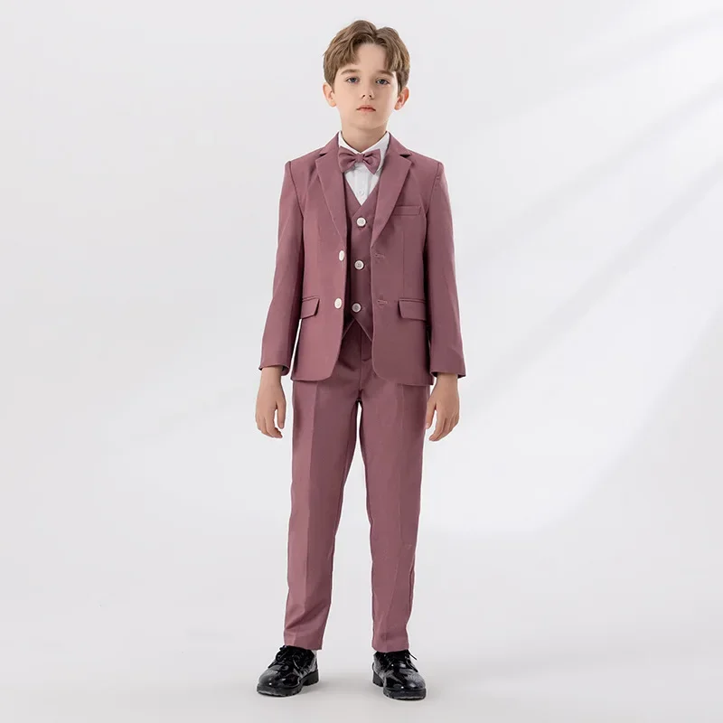 Boys Pink Slim Fit Suits Formal Wear Children Teenagers Groomsman Performance Host Clothes Kids Gent Students Party Full Dress