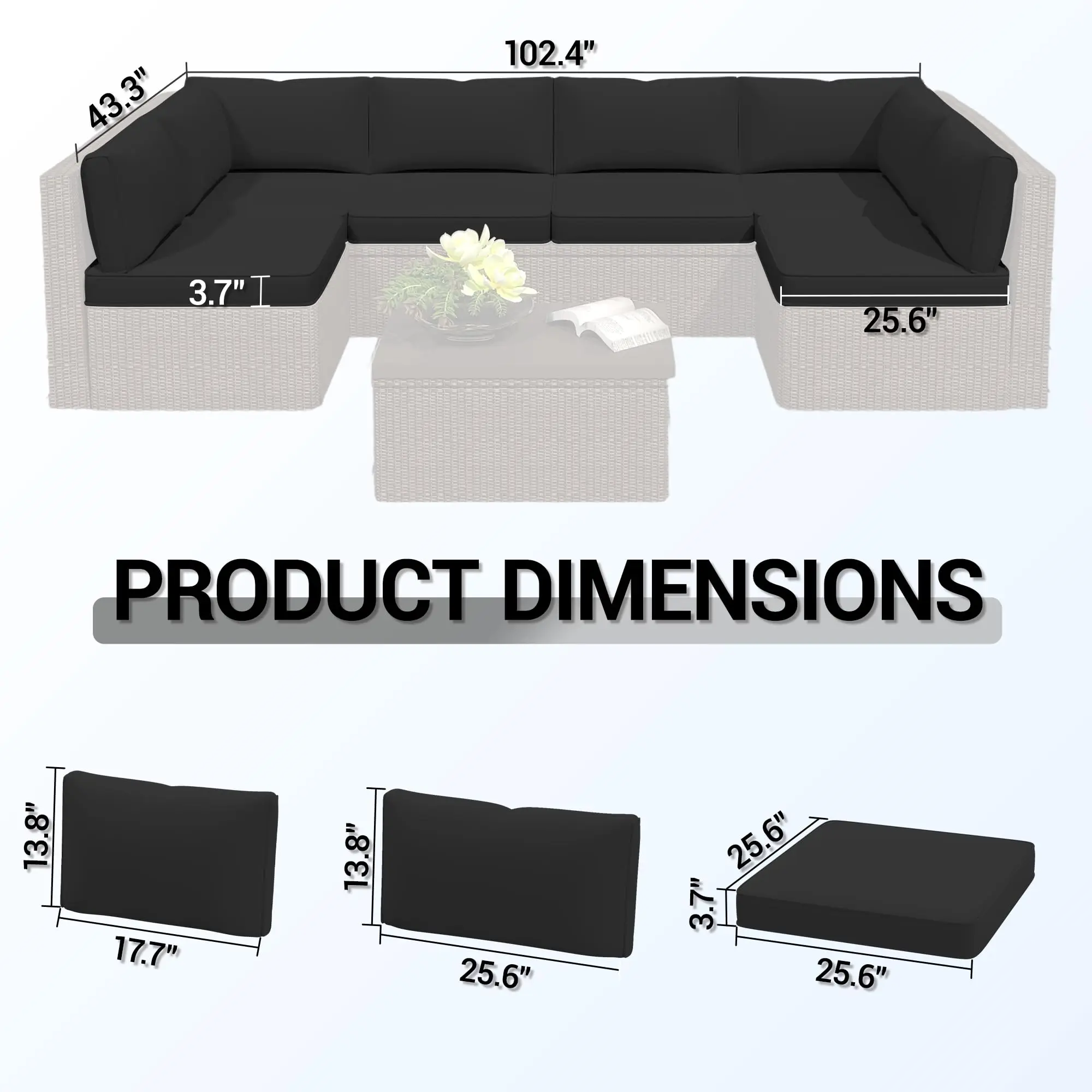 14-Piece Outdoor Replacement Cushions for Patio Furniture, Deep Seat Cushions for 6-Seat Sectional Rattan Sofa