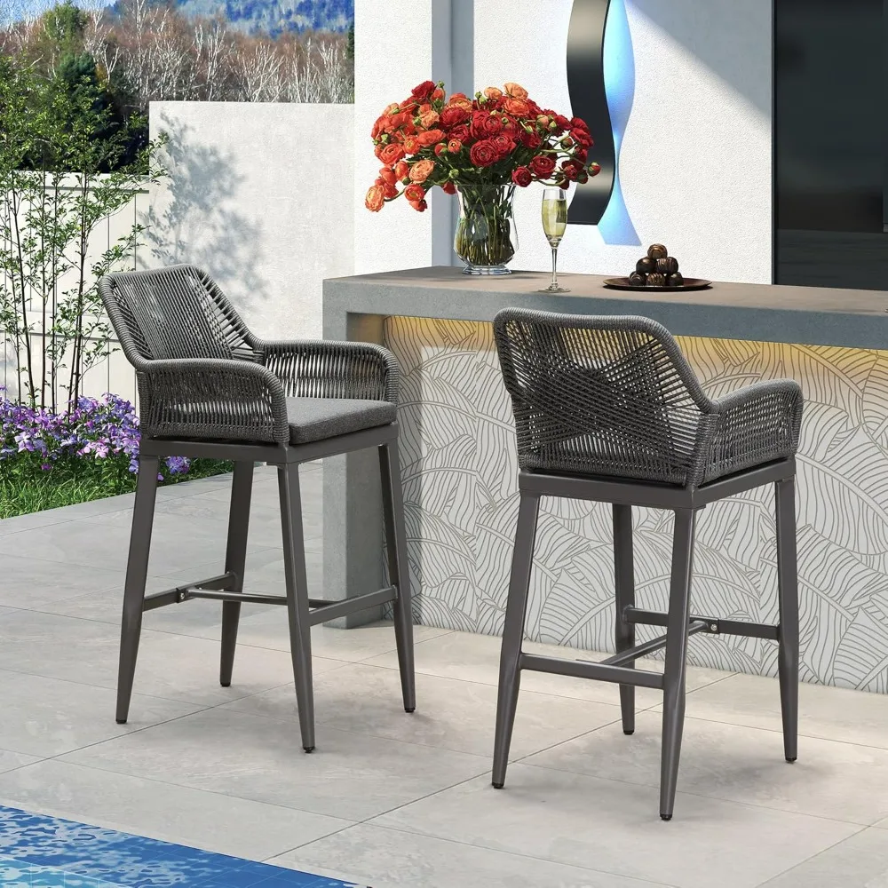 Conjunto de 2 bancos de bar para exterior de 29", cadeira Boho Patio com altura de bar com almofada e encosto para exterior e interno, jardim, pátio, cinza