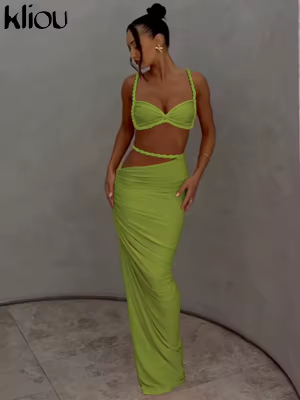 kliou Woven Sexy Women 2 Piece Set Stunning Hot Solid Pleated Crop Camisoles+High Waist Maxi Skirts Female Trend Vacation Outfit - Image 12