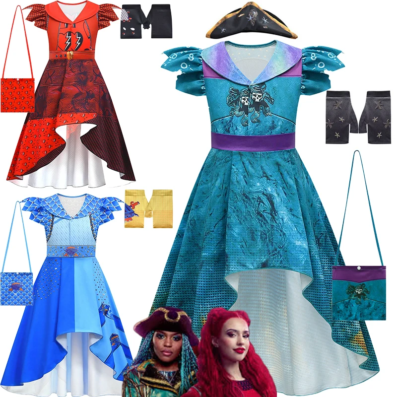 Anime Girls Halloween Descendants The Rise of Red Dresses Kids Cosplay Costumes Princess Red Dress+Bag Birthday Party Clothing