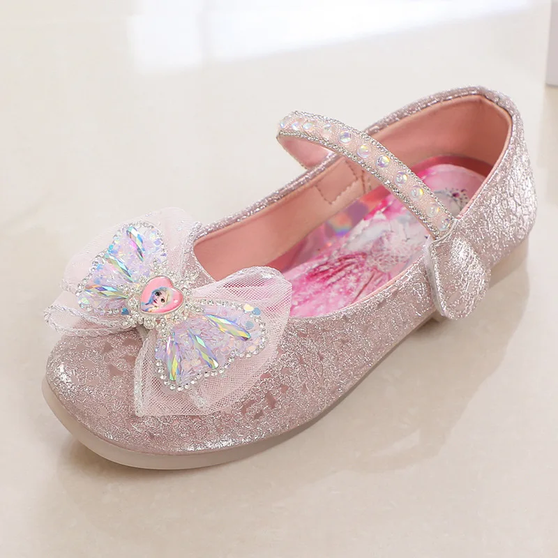 Girls Princess Elsa Crystal Shoes Sweet Cute Bow Girl Soft Sole Single Shoes Summer Flat Sandals Children\'s Small Leather Shoes