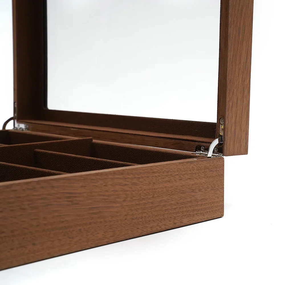 منظم مجموعة النظارات الممتاز - علبة عرض مكونة من 8 شبكات مع درج قابل للقفل، لمسة نهائية خشبية