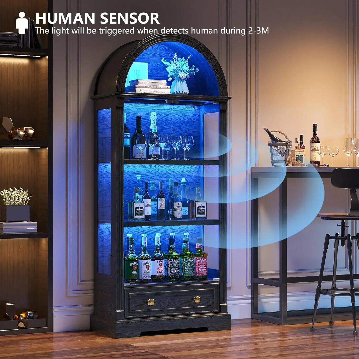 [Discounted Price!]Black Curio Cabinet with Glass Doors, 72" Tall Arched Display Cabinet with Human Sensor Lights 4-Tier Display