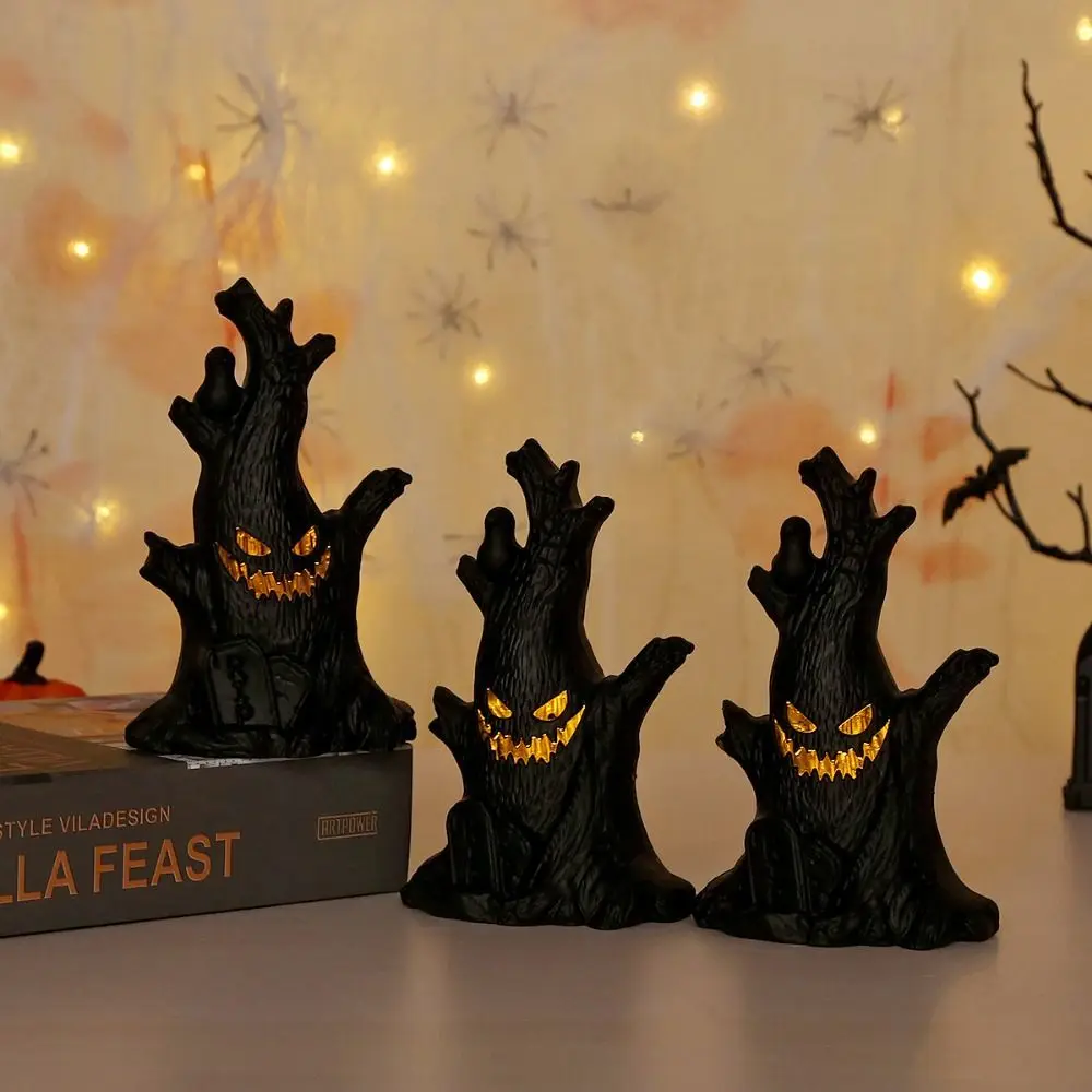 LED Glowing Ghost Face Candle Safety Electronic Halloween Ghost Tree Lantern Handmade Ghost Tree Stumps Candle Holiday Decor