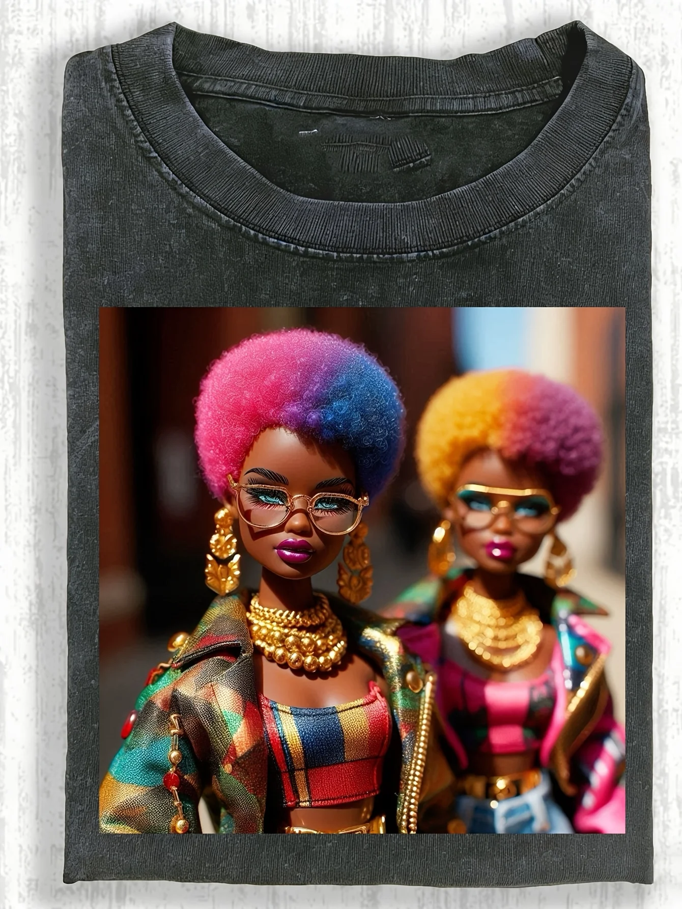 Men'S And Women'S Heavyweight Vintage T-Shirt 180G 100% with African Curly Hair Doll Print Crew Neck Casual Streetwear Suitable for Holiday Parties Machine Washable Regular Fit Gift