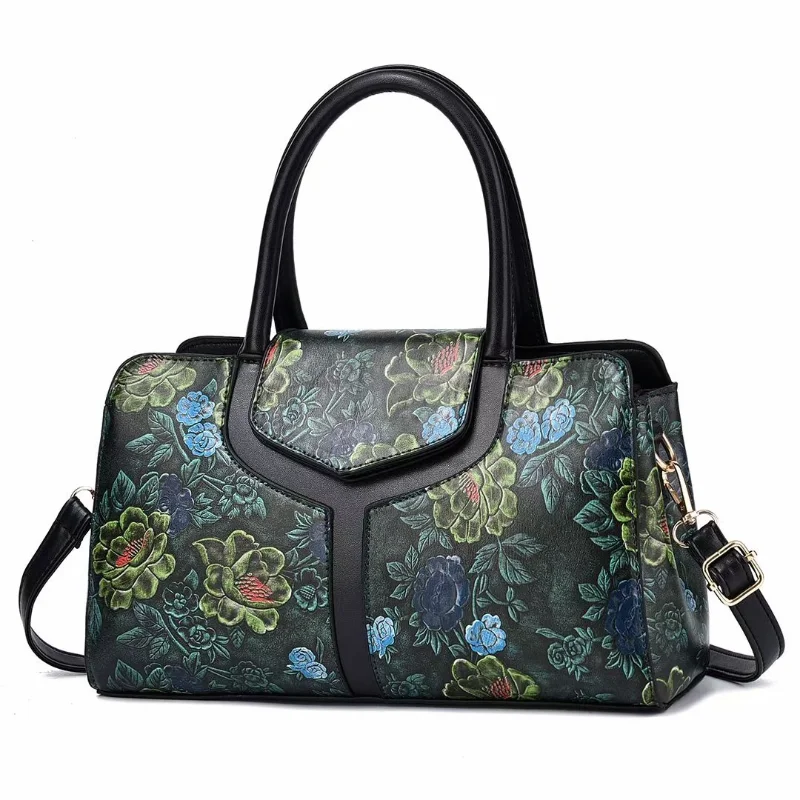 Fashion Shoulder Tote Bag for Women Retro Flower Pattern Portable Satchel PU Commuting Luxury Boston Female Crossbody Handbags