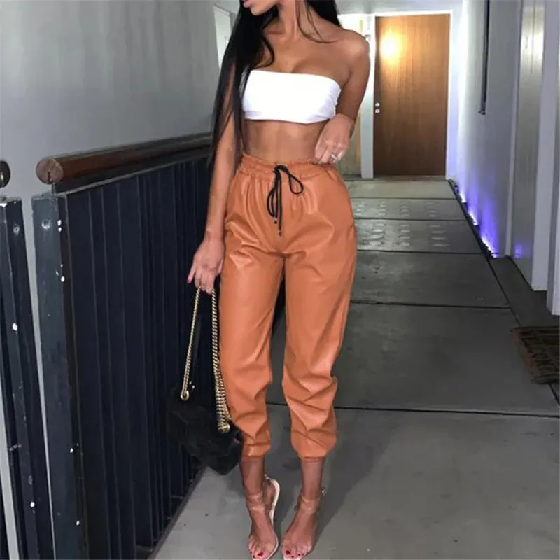 High Waist Women Black Leather Cargo Pants Snakeskin Pattern Drawstring Joggers Tousers Solid Color Loose PU Sweatpants Harajuku