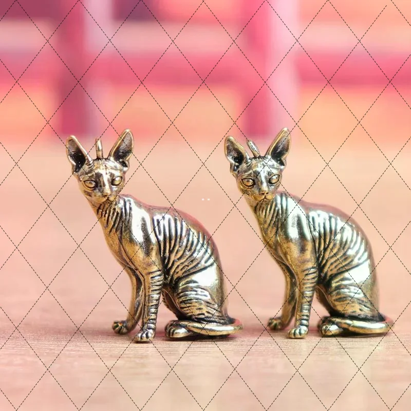 Vintage Solid Brass Hairless Cat Figurine Small Desktop Ornament Animal Model Home Decor Lucky Craft Accessory