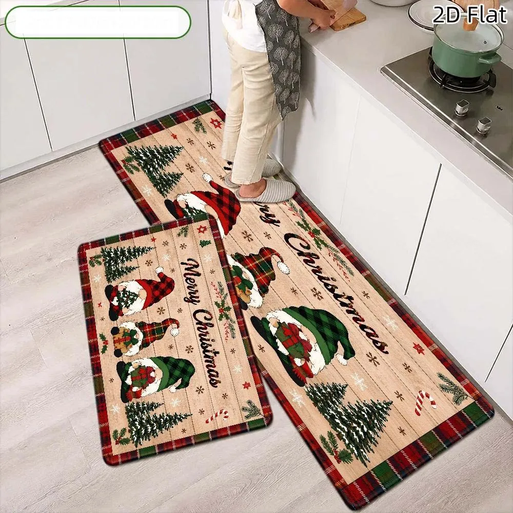 Tartan Plaid 1/2/3 Pcs Set Floor Carpet Runner Merry Christmas Gnome Pine Wood Living Room Sofa Side Bedside Kitchen Mat