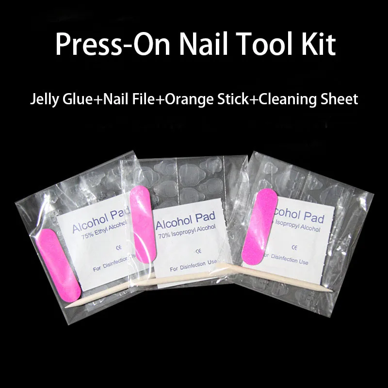 

4-in-1 Press-On Nail Tool Kit: Jelly glue +Orange Sticks + Nail File + Cleaning Cards