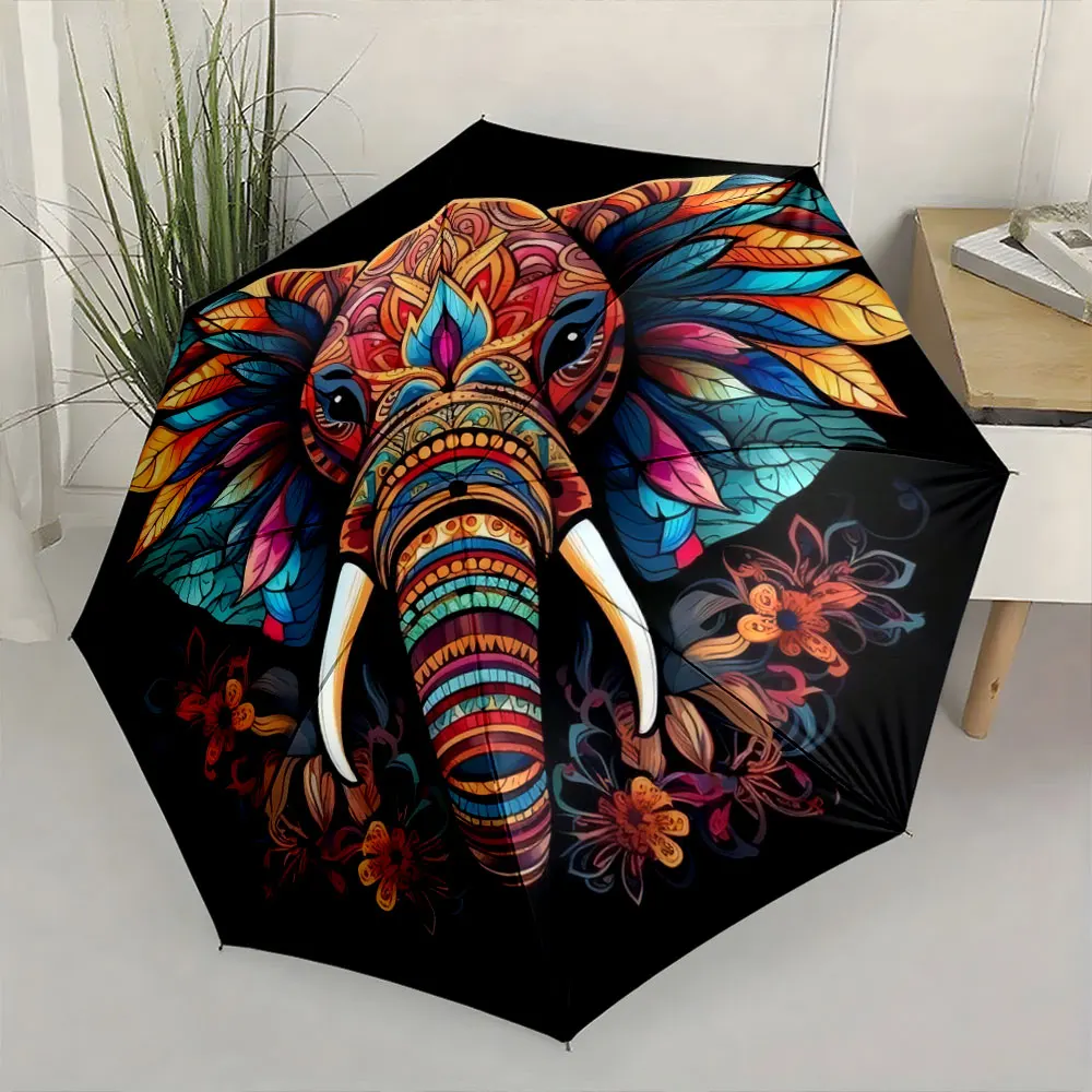 1PC Vibrant Elephant Art Umbrella: A Splash of Creativity Print 8 Iron Ribs Folding Umbrella Auto-Open Fashion Sunshade