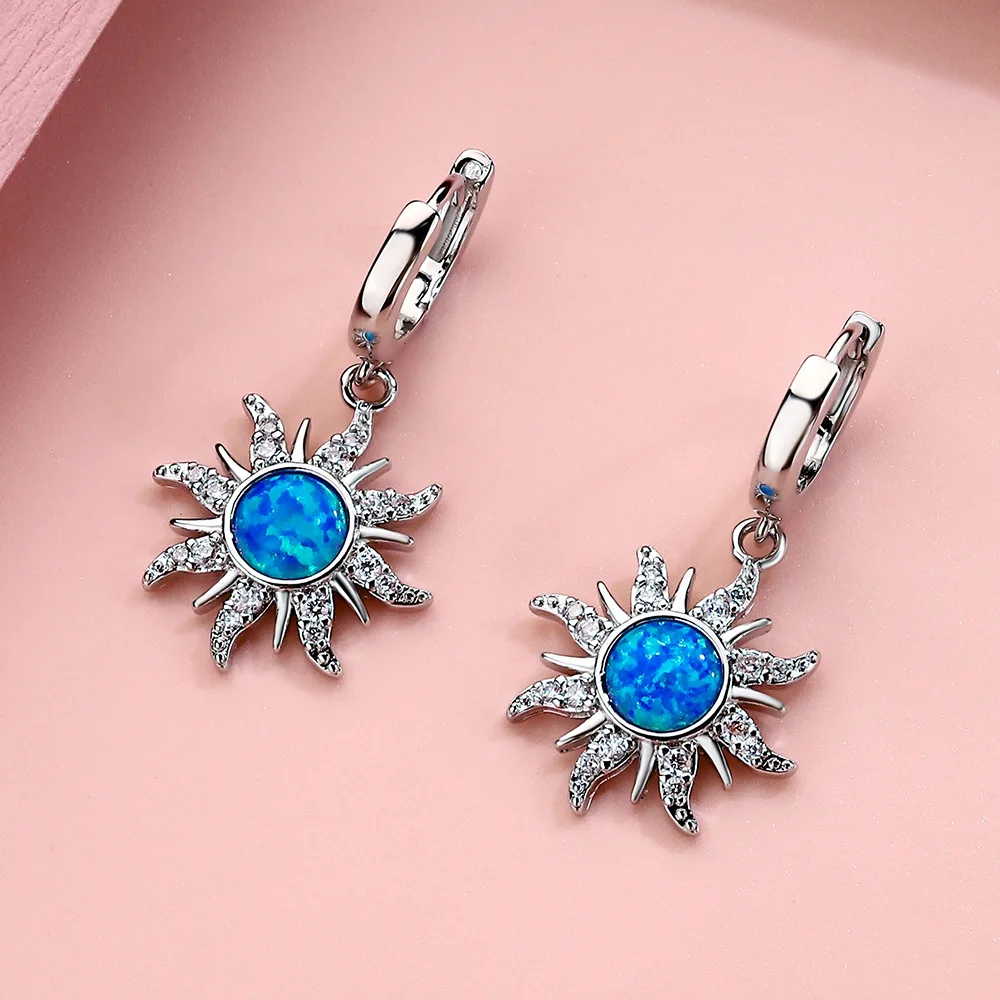 Pendientes de aro de ópalo de fuego para mujer, aretes con colgante de flor de sol, Color dorado y plateado, arcoíris, azul, blanco, rosa y morado, joyería de boda