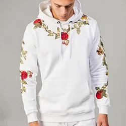 Solid Color Rose Embroidery Long Sleeve Hoodie for Men Women Hoody Pullover Hoodies Sweatshirts Street Wear with Front Pockets