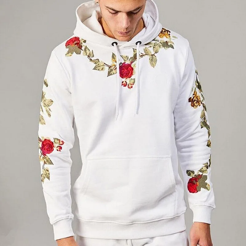 Solid Color Rose Embroidery Long Sleeve Hoodie for Men Women Hoody Pullover Hoodies Sweatshirts Street Wear with Front Pockets