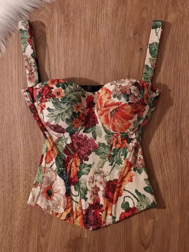 French Style Vintage Elegant Women Clothes Chic Design Floral Slim Fit Camis Fashion Female High Street Retro Corset Tops 2025