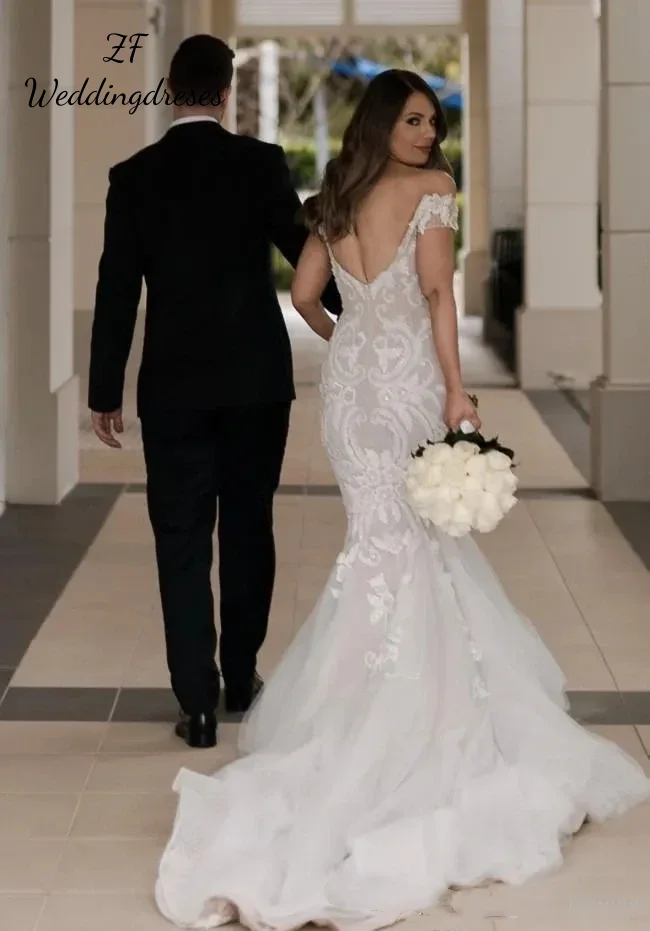 Customized Elegant Mermaid Off Shoulder Chiffon Applique Wedding Dress Backless Tight Fitting Long Garden Bridal Dress Plus Size view 3