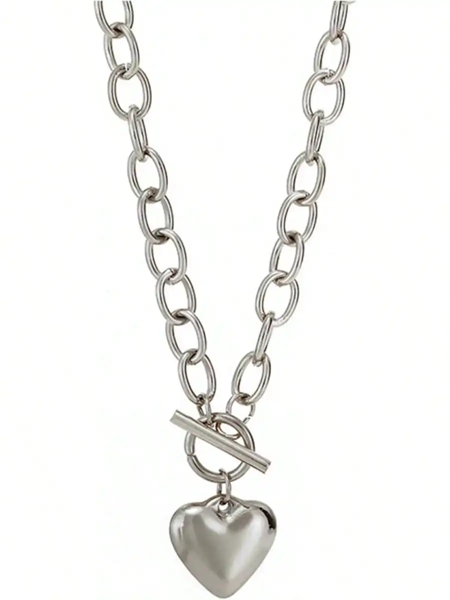 

Chunky Silver Heart Pendant Necklace with Toggle Clasp Chain
