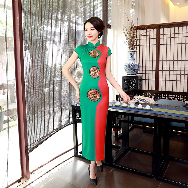 

Весенне-летний новый длинный облегающий костюм Cheongsam в китайском стиле, одежда больших размеров для мам, повседневная одежда