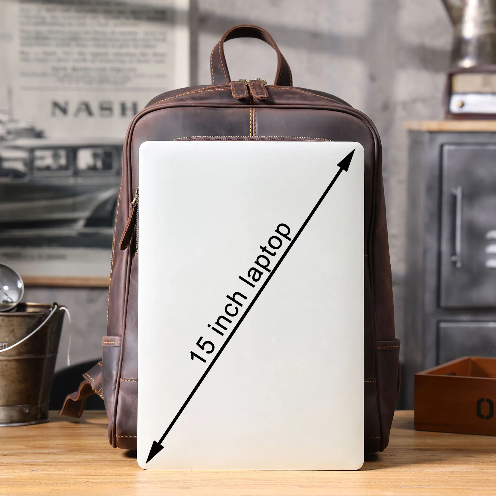 S.WORKER Vintage Echtleder-Rucksack für Herren, Große Laptop-Schultertasche aus Rindsleder, Klassische Vintage Crazy Horse Schultasche für Reisen – Detail 10