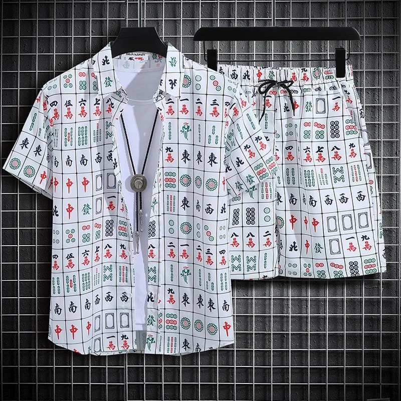 Men's Summer Mahjong Printed Casual Set Button Collar Shirt and Shorts Hong Kong Style Loose Beach Large 2-piece Set