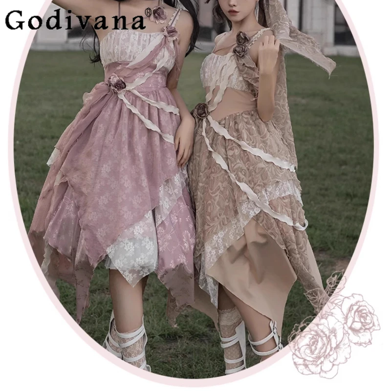 

2025 Summer New Temperament Lace Irregular Splicing Lace-up Dress Sweet Girls Lolita Slash Neck High Waist Suspender Dresses