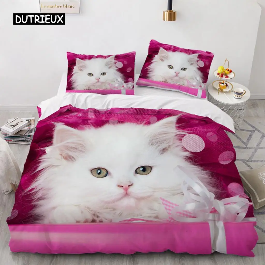 

3D Bedding Sets Red Duvet Quilt Cover Set Comforter Bed Linen Pillowcase King Queen 210*210cm Size Pet Cat Design for Kids Girls