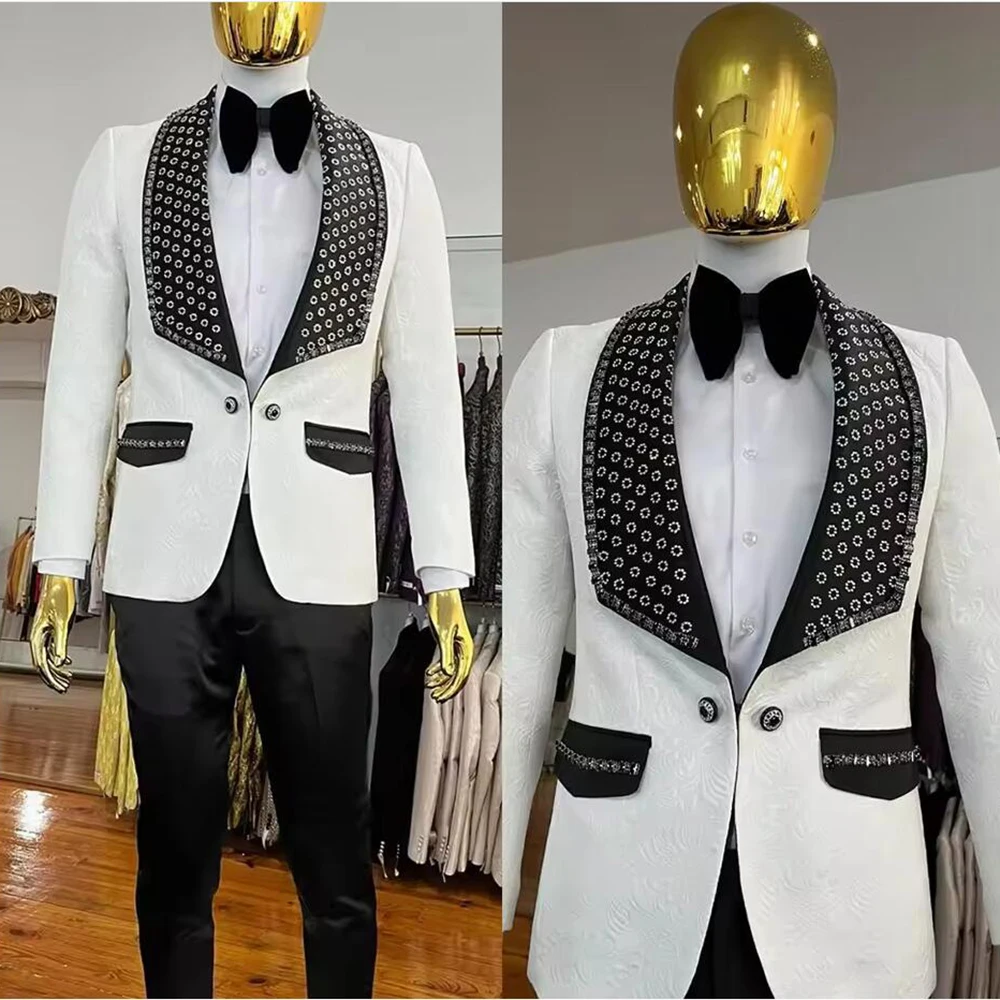 

Fashion Men Suits 2 Pieces Sets Crystals Prom Blazers Single Breasted Groom Wedding Tuxedos Customized Formal Banquet Outfits