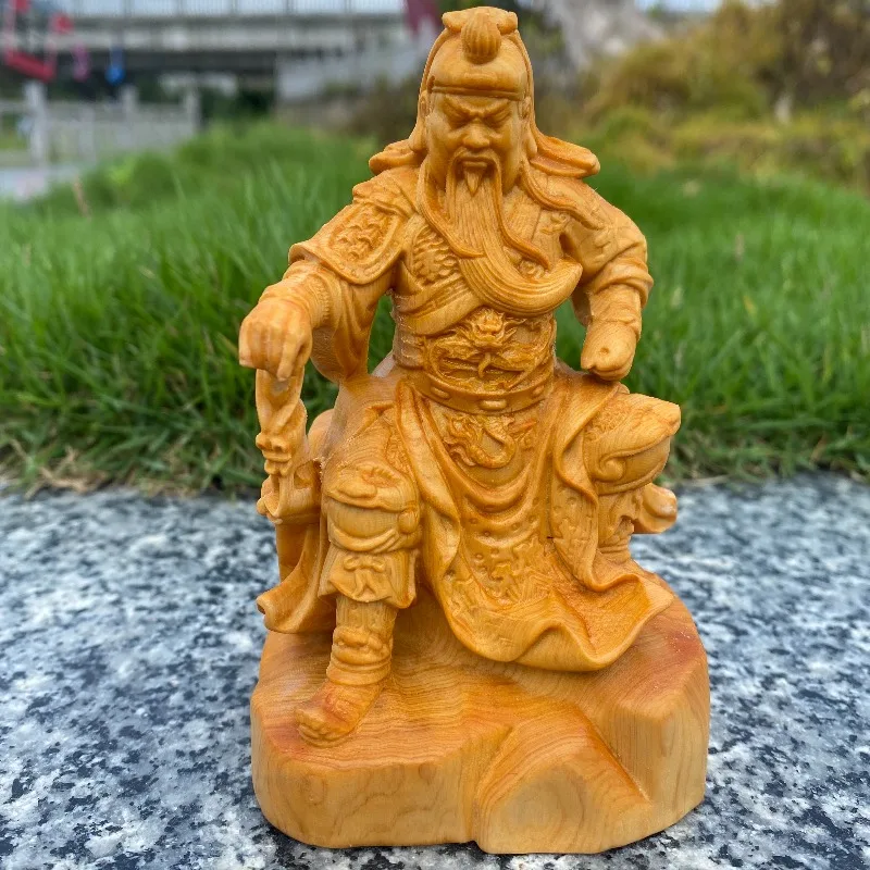 

Hand-Carved Cypress Wood Guan Yu Statue - 4.7" God of Wealth Figurine, Feng Shui Home Decor, Guan Gong Sculpture, Office