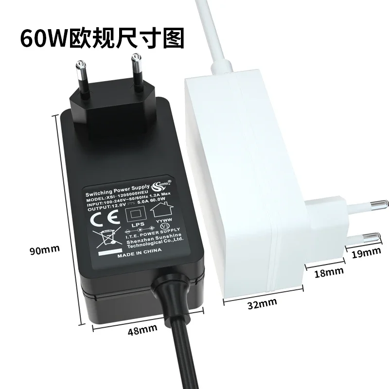 12v 5A  60W The power adapter 100-204V 50/60HZ 1.2A Max