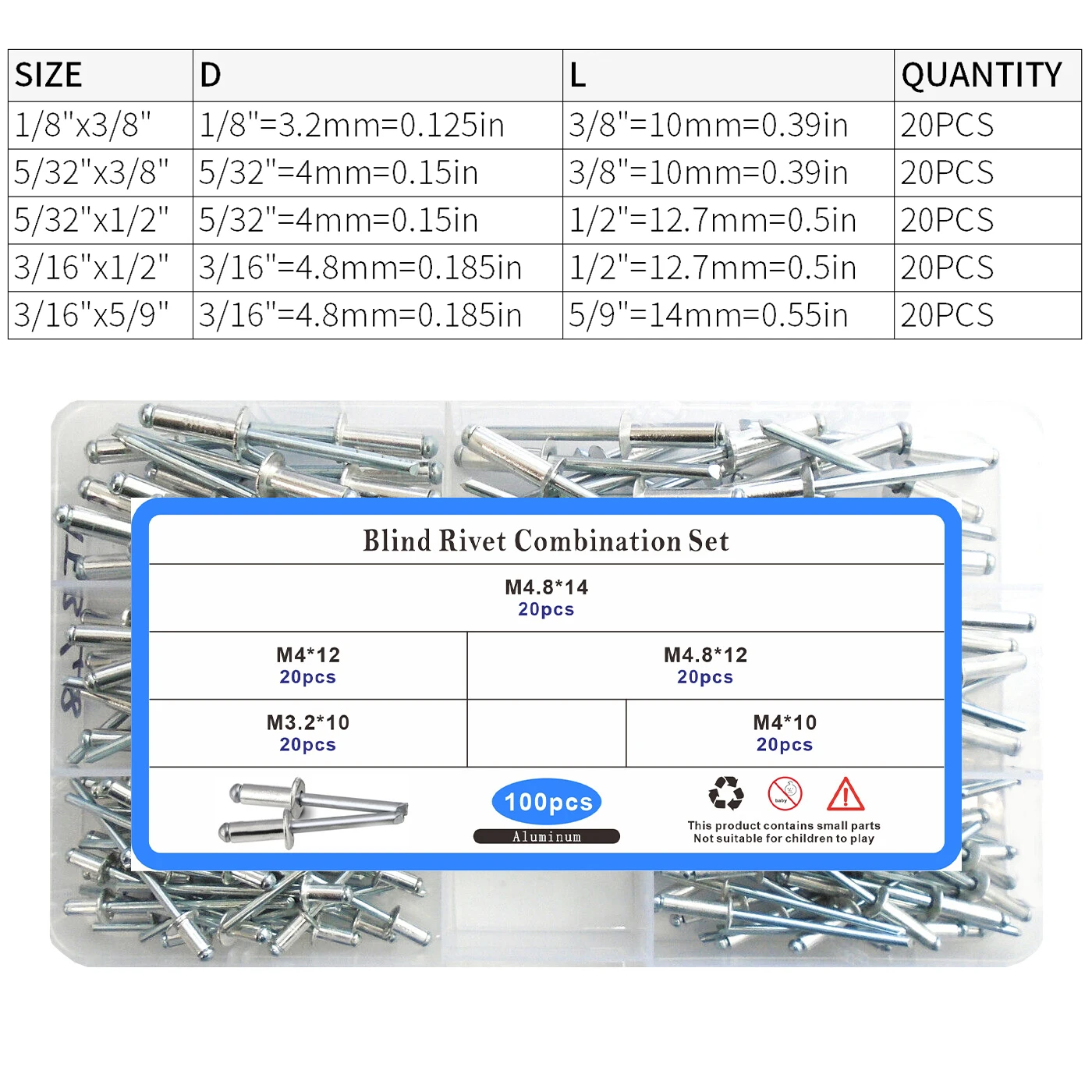 Picture 3: 100pcs Aluminum Rivets Assortment Kit 6 Size M3.2 M4.8 M4 Pop Blind Rivets for Metal Including 1/8' 5/32' 3/16'