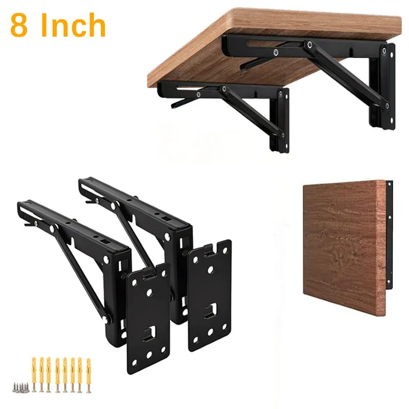 Detachable Bracket 8 inch Wall Mounted Folding Shelf Brackets Heavy Duty Removable Shelf Brackets Black Folding Angle Brackets