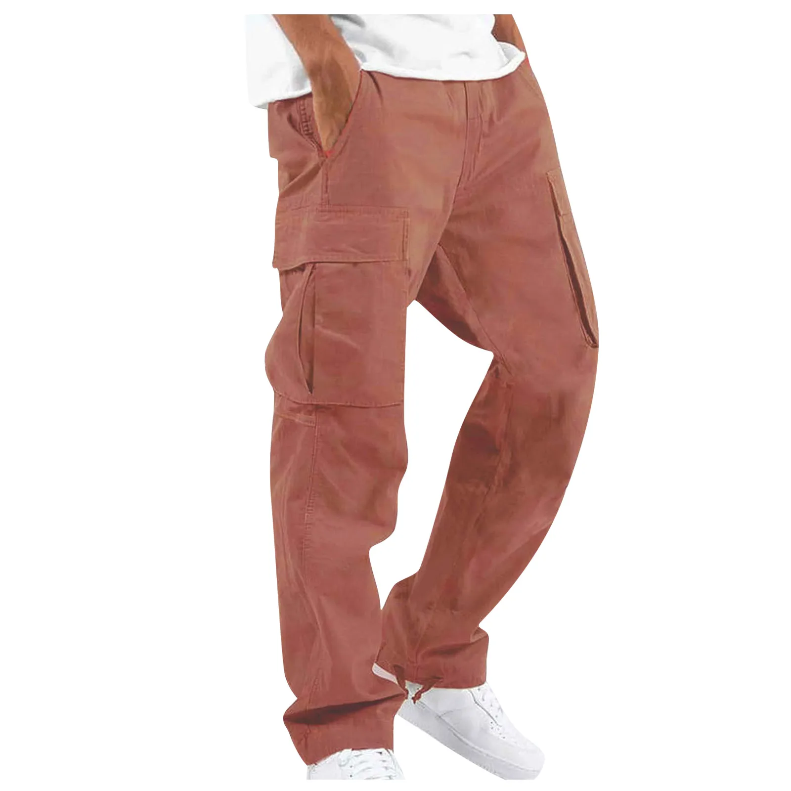 

Pop Men Work Pants Multi-Pocket Casual Men Pants High Elastic Waist Pocket Wide Leg Pocket Straight Drawstring Jogging Sports