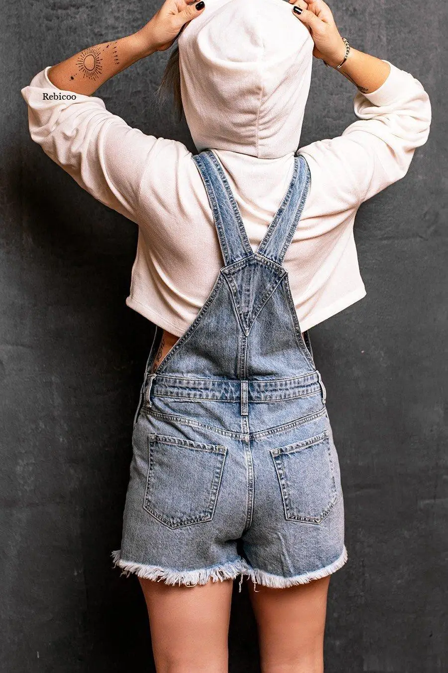 2021 Phụ Nữ Mới Mùa Hè Quần Short Denim Jumpsuit Cổ Retro Rách Dây Đeo Quần Short Jean Jumpsuit Chất Lượng Hàng Đầu Thả Vận Chuyển