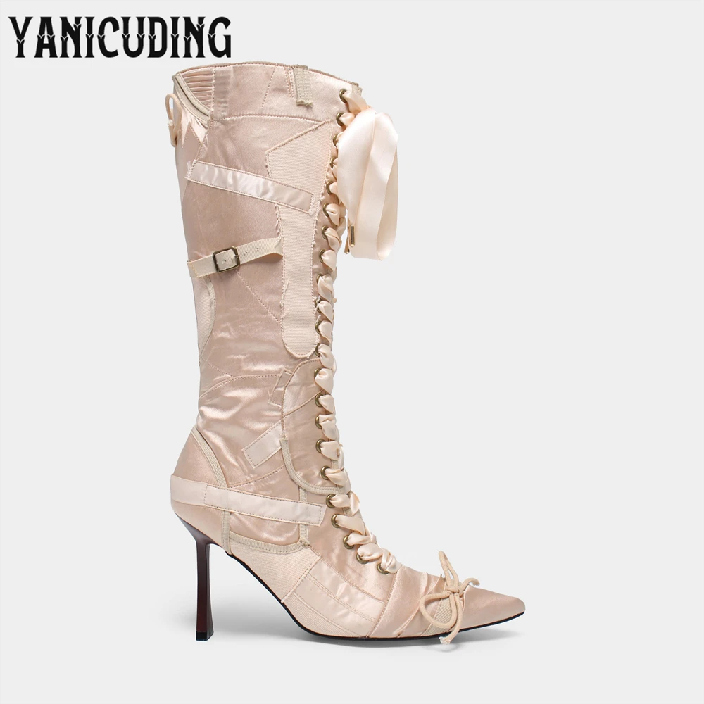 Nude and Pink Satin Knee-High Boots Wood Heel Eyelet Ribbon Decorative Strappy Boots Sweet Fashion Style Handmade Women\'s Boots