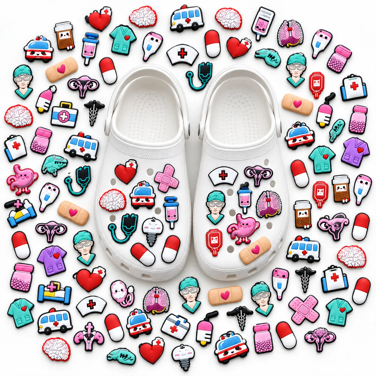 100pcs Medical Nurse Shoe Charms Set Doctor Ambulance PVC Pendant Pins for Clogs Hospital Accessories Gift for Women Girls Teens