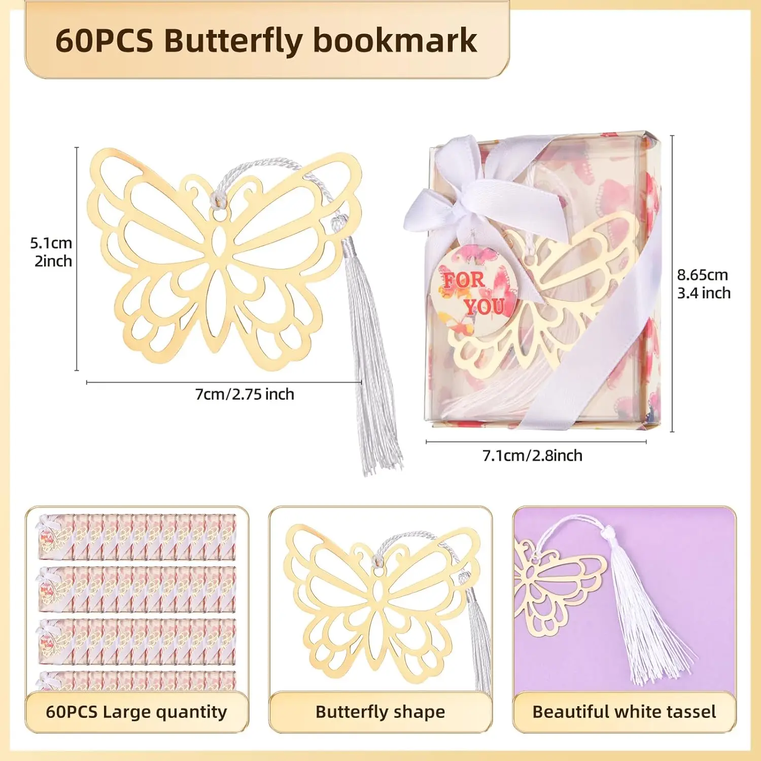 60 Pcs Gold Butterfly Metal Bookmarks with Elegant Silk Tassel, Creative Butterfly Bookmarks with Gift Box, for Book Lover Baby